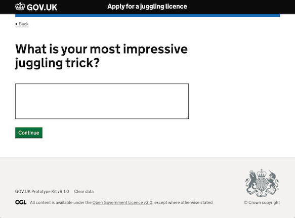 Web page with the heading "What is your most impressive juggling trick", a textarea and continue button
